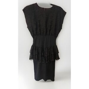 Vtg Jackie O! Black Lace Overlay Stretchy Waist Dress Size 9 Small Knee Length